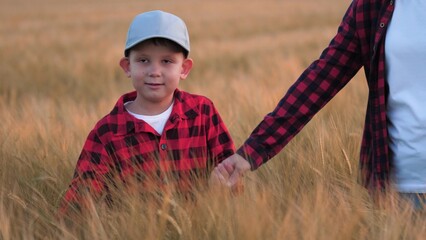 Little happy child of farmers walks through field of wheat holding mother hand. Cheerful boy spends time with mother on wheat field. Satisfied son smiles keeping mother hand on high wheat field