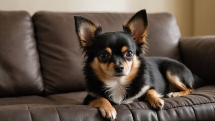 Black and tan long coat chihuahua dog lying on sofa at home