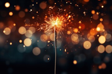  a close up of a sparkler on a black background with blurry boke of lights in the background.