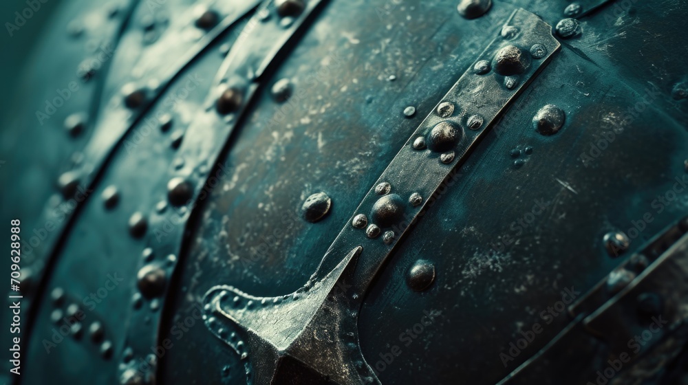 Poster a detailed close up of a metal object featuring rivets. this image can be used to showcase industria