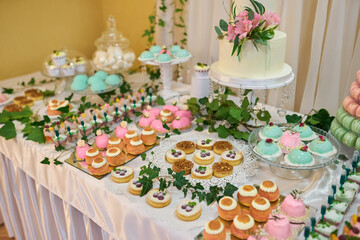 A variety of delicious desserts, cakes with cream, berries, whipped cream, marshmallows, festive decor, sweet bar, a treat. catering food. tasty dessert. Wedding banquet table.