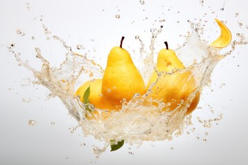  a splash of water with pears and pears in the middle of a splash of water on a white background. © Nadia