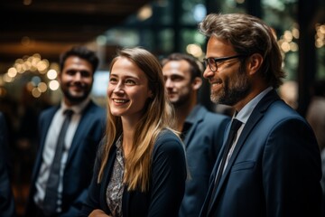 Obraz premium Successful sales team gathered around a conference table, discussing strategies for exceeding their targets, Generative AI