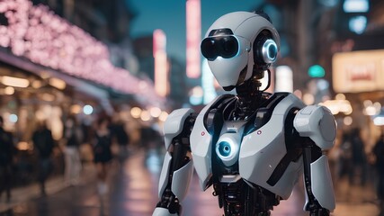 Fototapeta premium Humanoid technological robot with a modern design in a city. Representing new technologies and modern world of knowledge. AI Generated