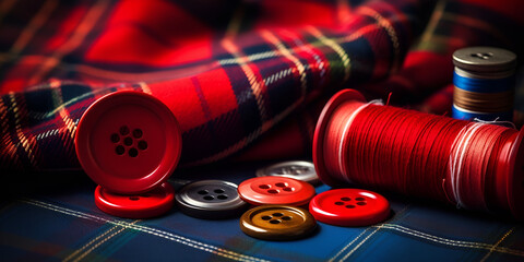 Checkered red fabric and accessories for sewing. Items for sewing close-up. Fabric, spool of thread, needle and buttons are needed for sewing.
 - obrazy, fototapety, plakaty
