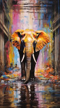  a painting of an elephant standing in the middle of a street in front of a building with graffiti all over it.