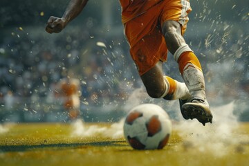 A man is seen kicking a soccer ball on a field. This image can be used to depict sports,...