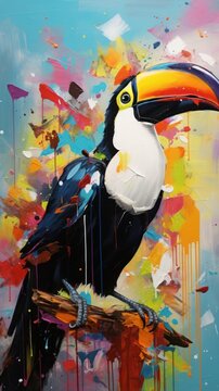  a painting of a toucan bird sitting on a branch with paint splatters all over the background.