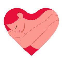 Love yourself concept, Happy Woman hugging herself in hearts shape on white background, Vector postcard, Valentine card