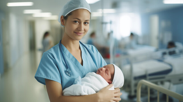 Portrait of midwife carrying a newborn in the hospital