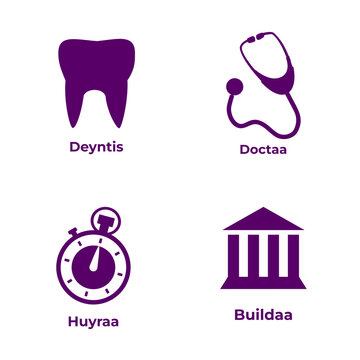 Dental care icon set. Tooth, stethoscope and bank building. Vector illustration. Logo packs.