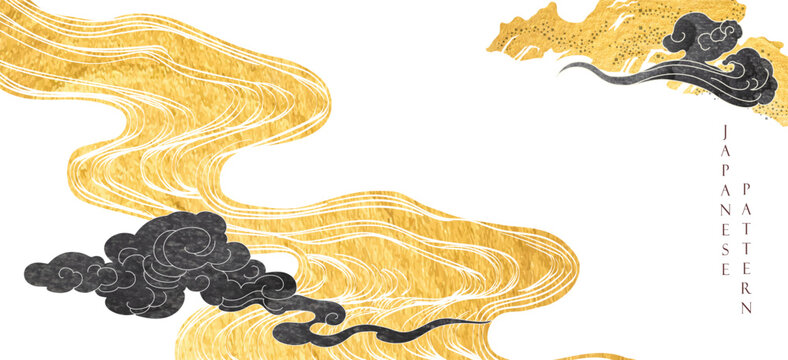 Japanese background with hand drawn wave black and gold texture vector. Hand drawn wave chinese cloud decorations in vintage style. Art abstract banner design. 