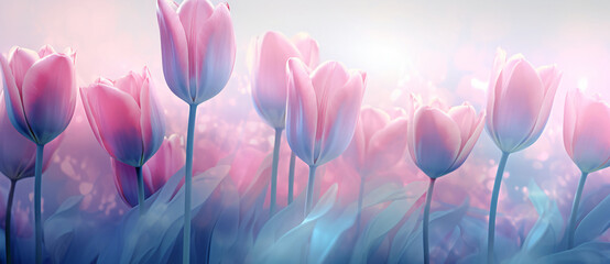 Tulips in pink with purple outlines, in the style of double exposure, light gray and light amber, high-key lighting, chinese new year festivities, shaped canvas, selective focus, light sky-blue and li - obrazy, fototapety, plakaty