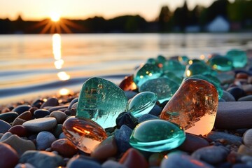  a group of glass bottles sitting on top of a pile of rocks next to a body of water with a setting sun in the background. - obrazy, fototapety, plakaty