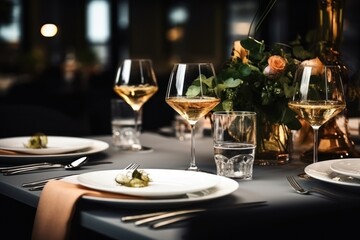  a table is set with glasses of wine and plates and utensils and a vase with flowers in it.