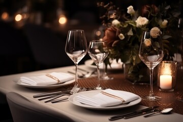  a table is set with white plates and silverware and a vase with flowers and candles is in the background.