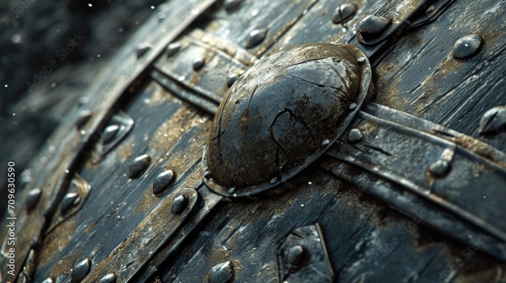 Poster a detailed view of a metal object featuring rivets. this image can be used to showcase industrial de