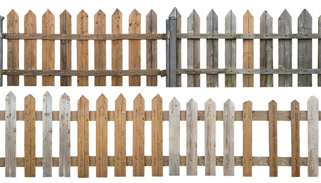 Set of stylish wooden garden fence, barriers, or borders, isolated on a transparent background. PNG, cutout, or clipping path.	
