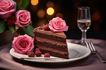 Obraz na płótnie Canvas a piece of chocolate cake sitting on top of a white plate next to a glass of wine and pink roses.
