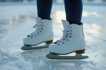 A pair of white ice skates resting on a snowy surface. Perfect for winter sports or holiday-themed designs