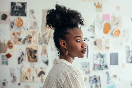 a young motivated and focused dark-skinned woman journalling and making her vision board to manifest her dreams and plans, in a white room full of pictures, images, cliparts and visual resources