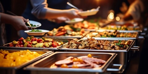 People group catering buffet food indoor in restaurant with meat colorful fruits and vegetables. generative ai.