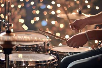 Naklejka premium Person Passionately Playing The Drums, Their Hands In Focus, Surrounded By Captivating Bokeh Lights In Band Studio