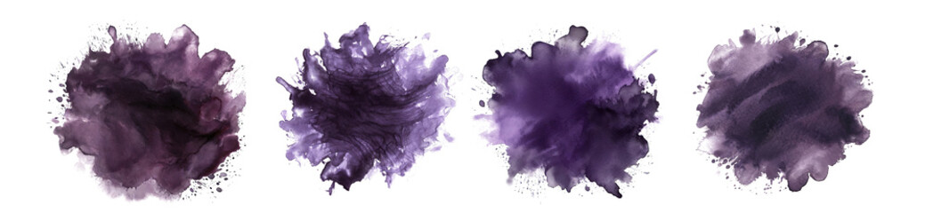 set of violet watercolor paint splash isolated on a transparent background. PNG, cutout, or clipping path.	
