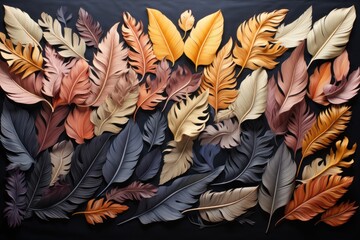  a close up of a bunch of different colored feathers on a piece of black paper with white writing on it.