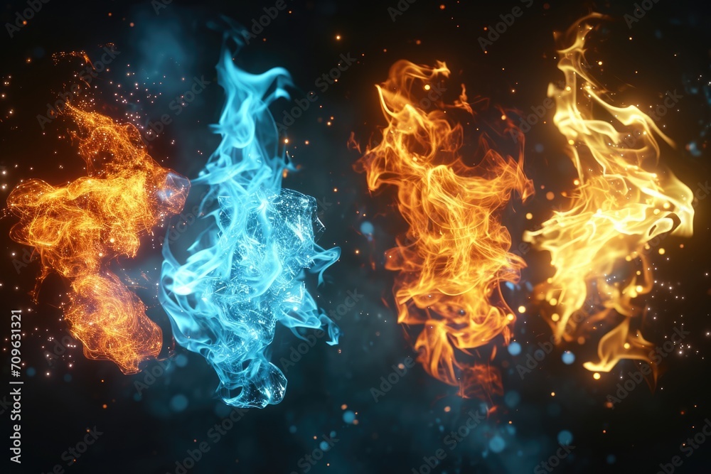 Poster two flames, one fiery and one icy, contrasting against a black background. perfect for adding a touc