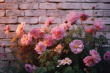 Purple flowers in the meadow in the evening, in the style of lo-fi aesthetics, light pink and bronze, wimmelbilder, rounded, flowerpunk, close up, photo taken with provia

