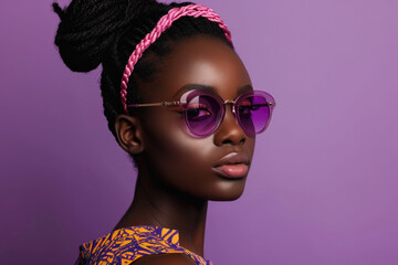 Trendy African Girl In Cool Pink Glasses Poses Against Purple Studio Background
