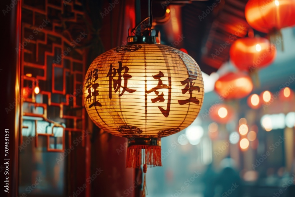 Poster A Chinese lantern is suspended from the ceiling of a building. This image can be used to add a touch of Asian culture and ambiance to various design projects