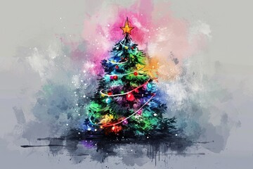 A beautiful watercolor painting of a Christmas tree. This artwork captures the festive spirit and is perfect for holiday-themed projects or decorations