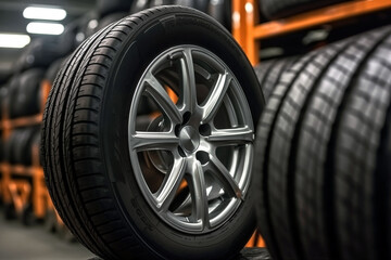 Close up of car wheel in auto repair shop. Selective focus - obrazy, fototapety, plakaty
