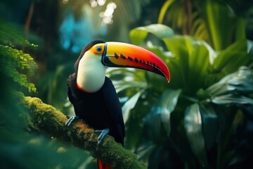  a colorful toucan perched on a branch in a tropical forest with lots of green plants and greenery.