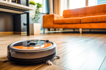 Robotic vacuum cleaner cleaning the floor in living room at home.