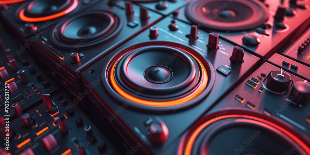 Poster Close up of speakers on a mixer. Versatile image suitable for music-related projects