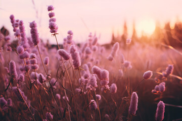 Purple flowers in the meadow in the evening, in the style of lo-fi aesthetics, light pink and...