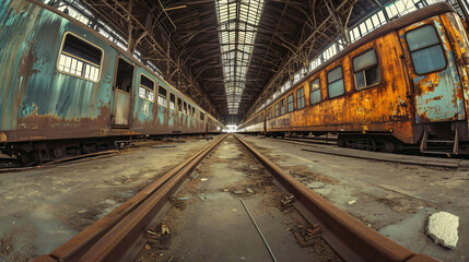 Fototapeta na wymiar A desolate railway station with an abandoned train in a post-apocalyptic world.