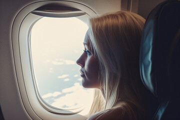 Fototapeta premium Blonde Woman In First Class, Gazing Out Airplane Window, During Flight