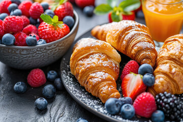 Savor A Scrumptious French Breakfast With A Variety Of Flakey Croissants And Fresh Berries