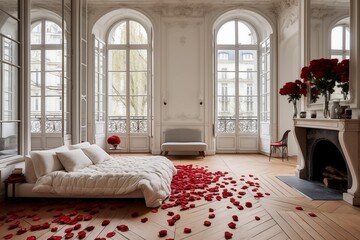Cozy posh luxurious interior design of bedroom with kingsize bed decorated with red rose petals, wooden classic parquet floor, tall ceiling, french windows, fireplace, white panel walls, parisian look - obrazy, fototapety, plakaty