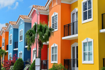 Brightly Painted Townhouses With Traditional Stucco Finish, Showcasing Residential Architecture