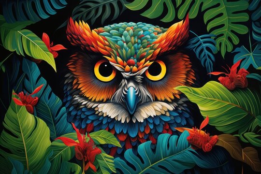  a painting of an owl with yellow eyes surrounded by green leaves and red and orange flowers on a black background.
