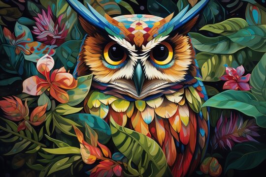  a painting of an owl sitting on top of a lush green leaf covered field with red, orange, yellow, and blue flowers.