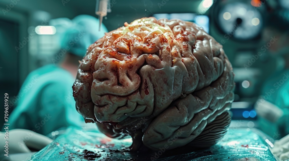 Poster a detailed close-up of a human brain resting on a table. this image can be used to illustrate neuros