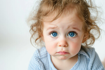 Naklejka premium Capturing The Distressed Expression Of A Baby Girl In Close-Up, Set Against A White Background