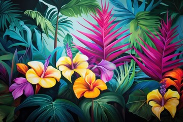  a painting of a tropical scene with flowers and leaves on a black background with a blue sky in the background.