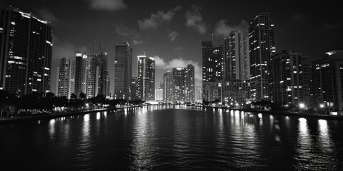 Fototapeta premium A black and white photo capturing the beauty of a city at night. Perfect for urban landscapes and architectural themes